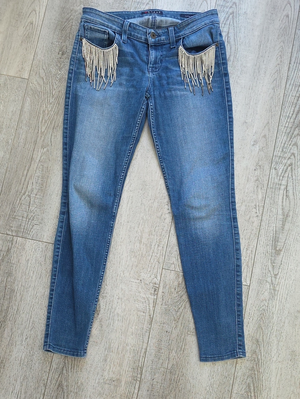 Guess Medium Blue Skinny Jeans with Gold Fringe Pockets